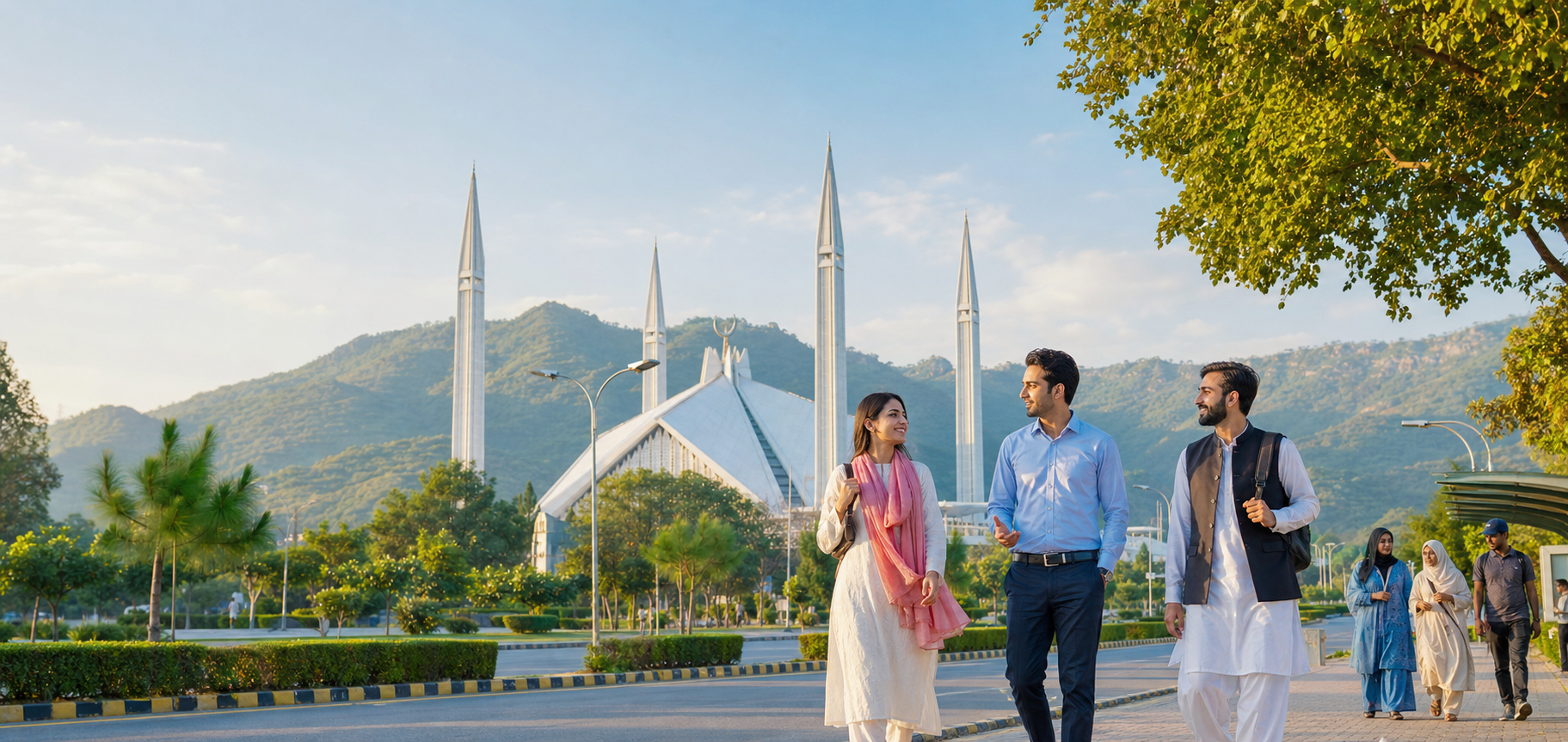 Islamabad community scene with Faisal Mosque and Margalla Hills